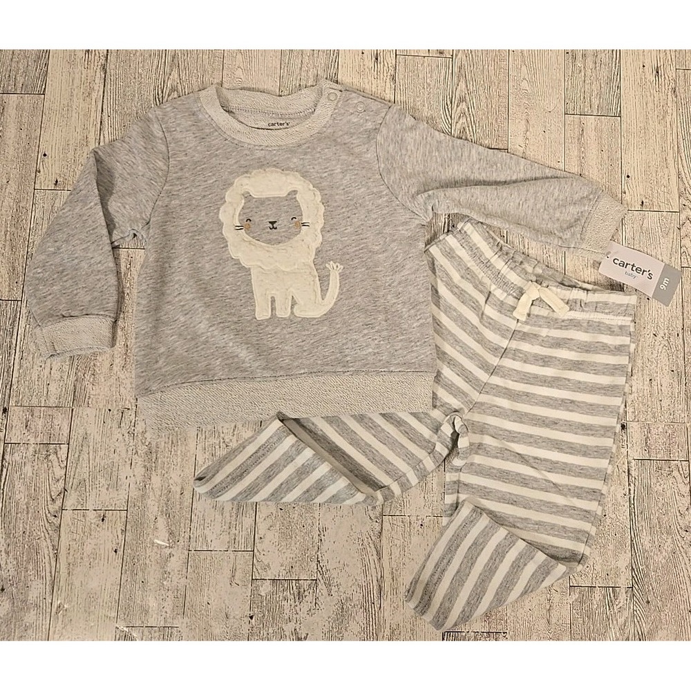 Carter's Outfit 9 Months Lion 2pc Set Gray French Terry Top & Striped Pants NEW